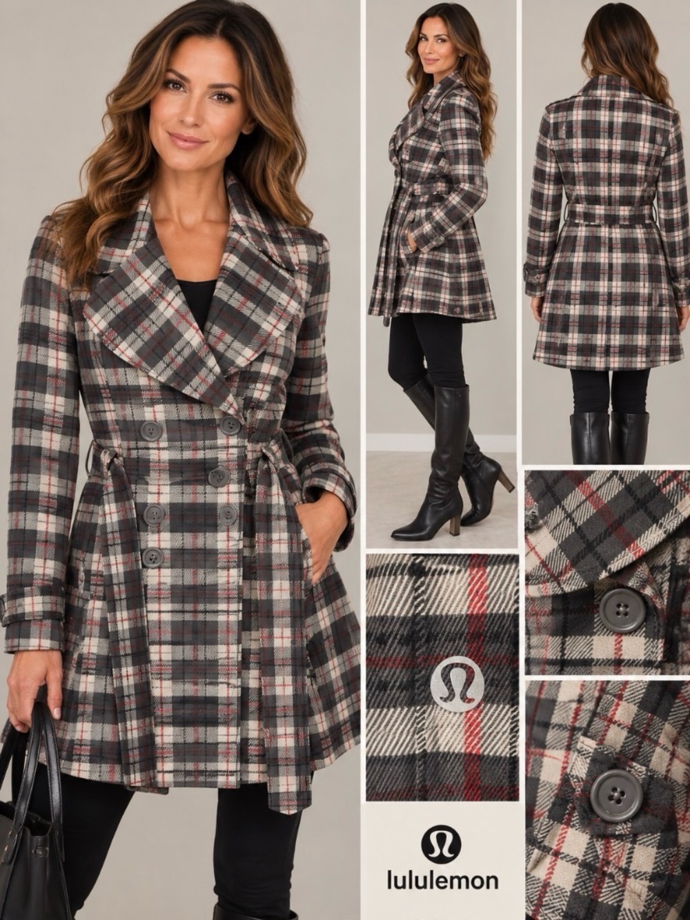 Rare Lululemon Plaid Trench Coat Double Breasted Jacket Size 8